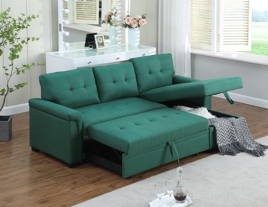 Lucca Emerald Linen Reversible Sleeper Sectional Sofa with Storage Chaise