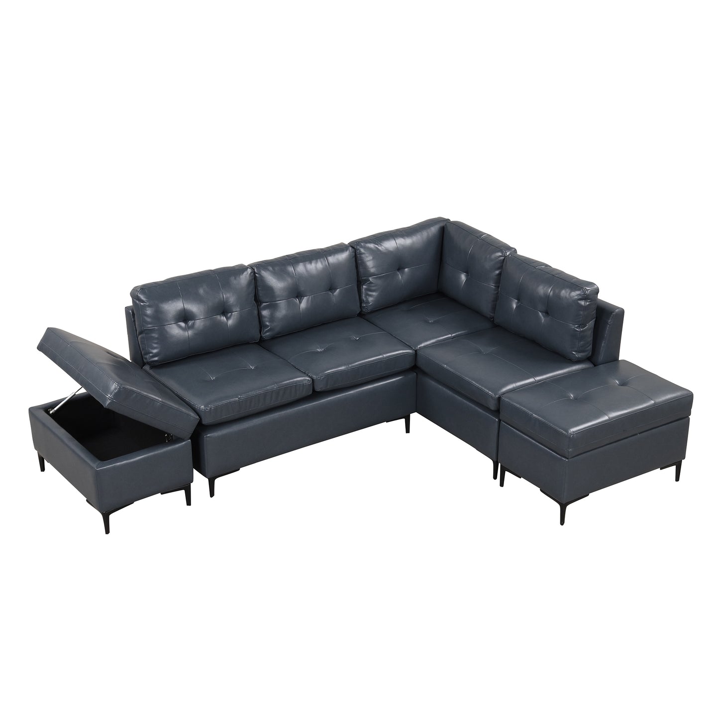 Blue L-Shaped Sectional Sofa Set with Movable Storage Ottomans