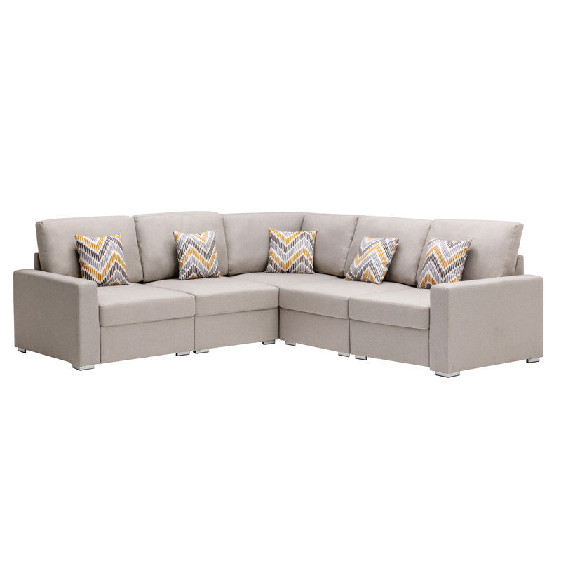 Nolan Beige Linen Fabric 5-Piece Reversible Sectional Sofa Set with Accent Pillows and Customizable Legs