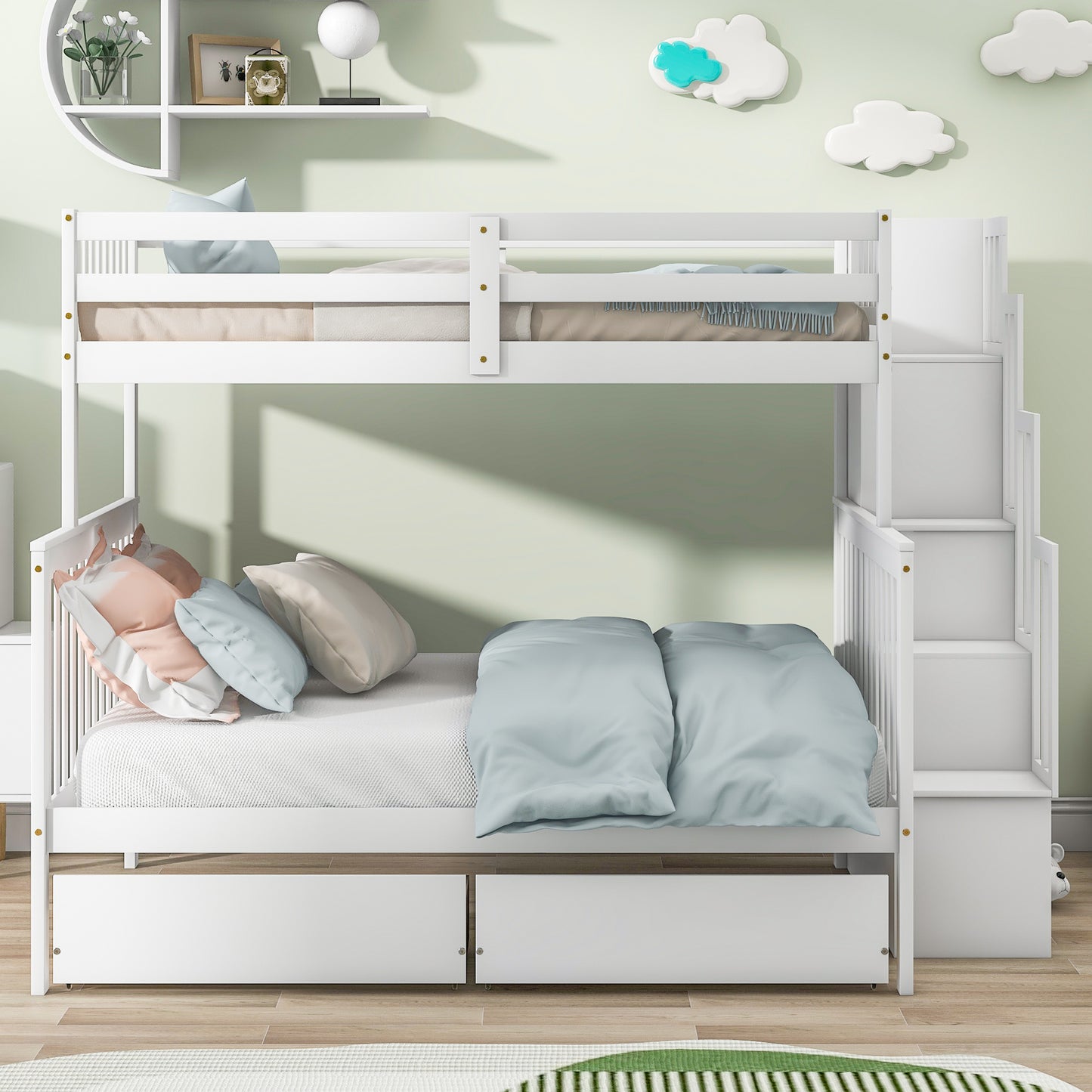 Convertible Twin Over Full Bunk Bed with Staircase and Drawers - White Wood Twin-Size Loft Bed