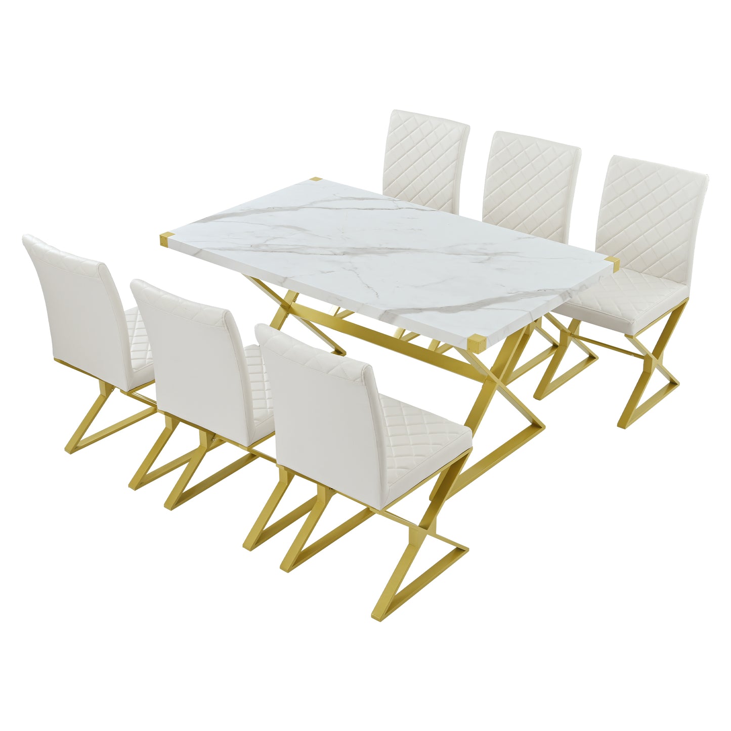 TREXM 7-Piece Modern Dining Table Set, Rectangular Marble Texture Kitchen Table and 6 PU leather Chairs with X-Shaped Gold Steel Pipe Legs for Dining Room (White)