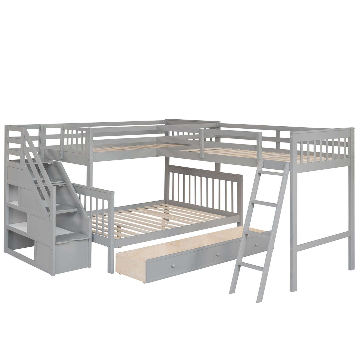 Gray Twin over Full L-Shaped Bunk Bed with Storage Drawers