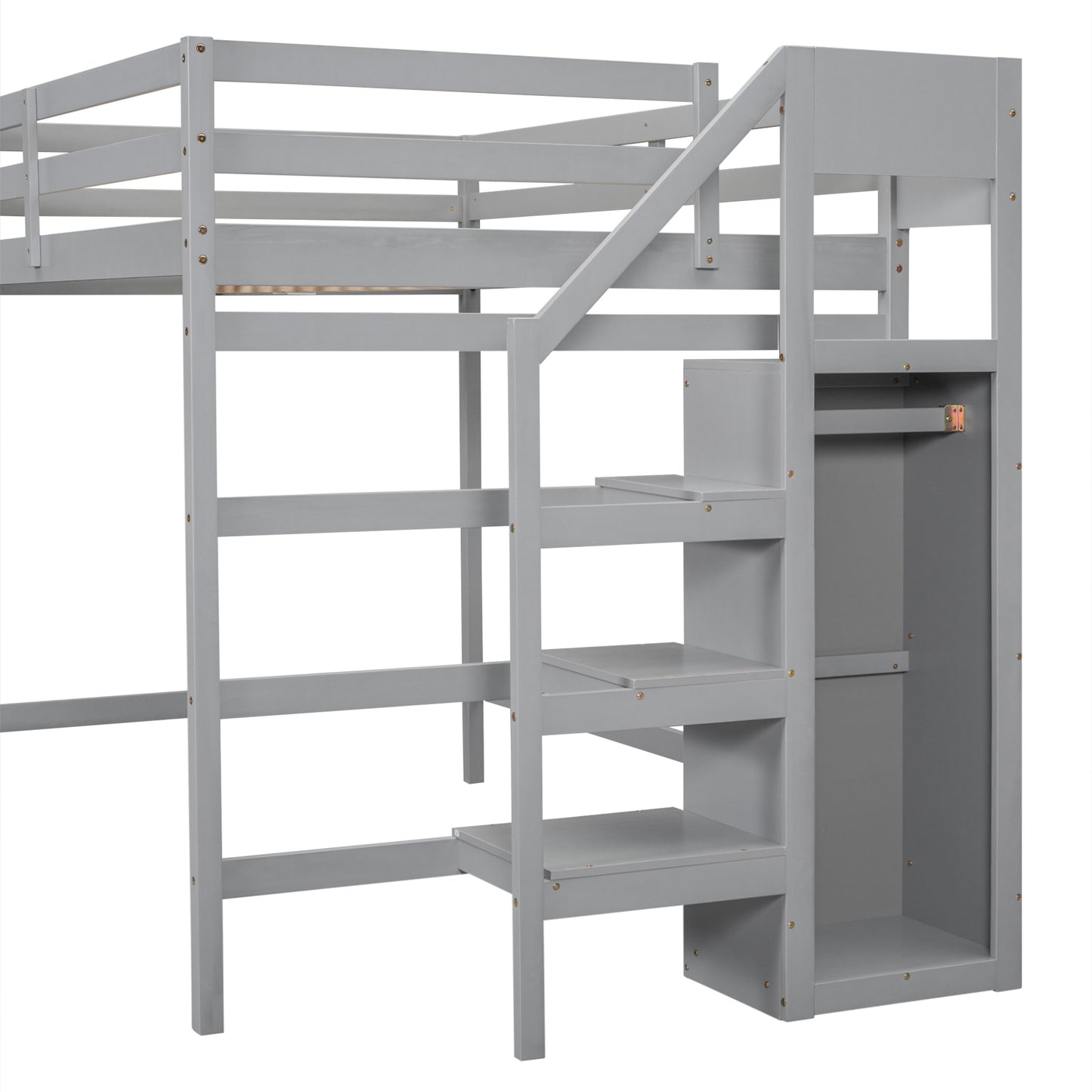 Full Size Loft Bed with Built-in Storage Wardrobe and Staircase, Gray