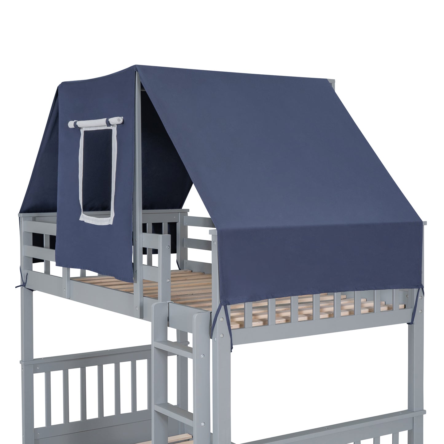 Twin Over Twin House Bunk Bed with Playful Tent and Storage Drawers, Gray+Blue Theme