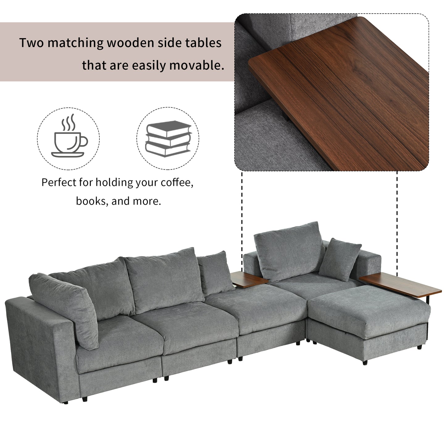 U_STYLE Modern Large L-Shape Sectional Sofa for Living Room, 2 Pillows and 2 End Tables