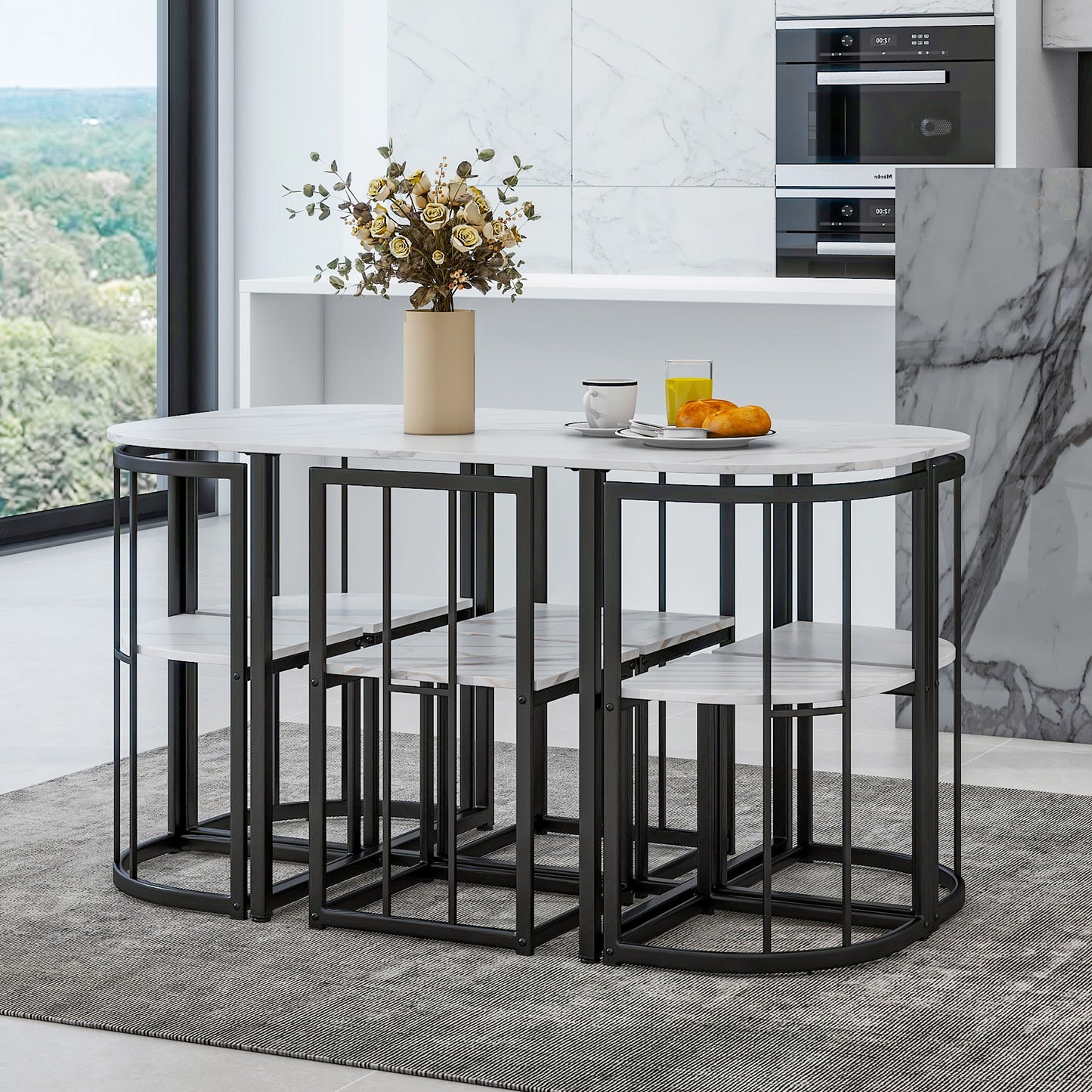 Modern 7-Piece Dining Table Set with Faux Marble Compact 55Inch Kitchen Table Set for 6, Black+White