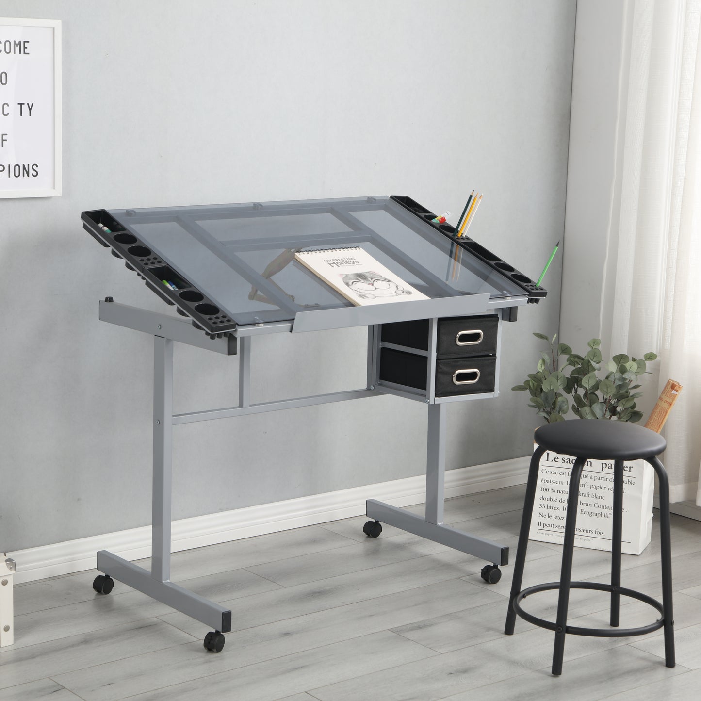 Adjustable Drafting Table with Glass Top and Storage Drawers