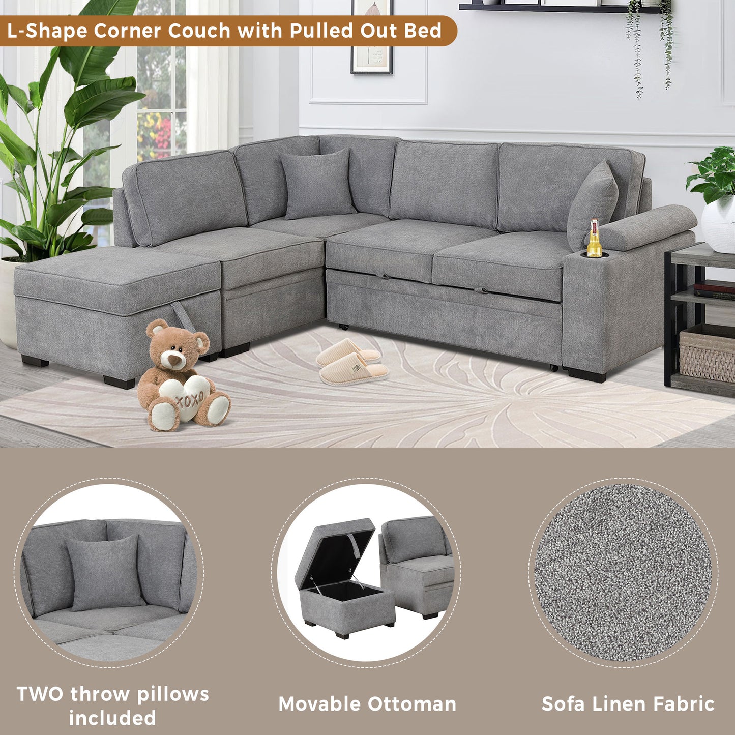 87.4 Gray L-Shaped Sleeper Sofa Bed with Ottoman Storage