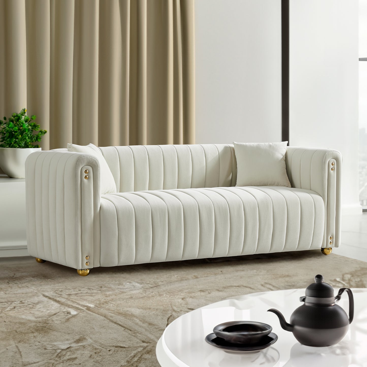 79.92 Opulent White Velvet Sofa with Deep Padding and Sturdy Construction