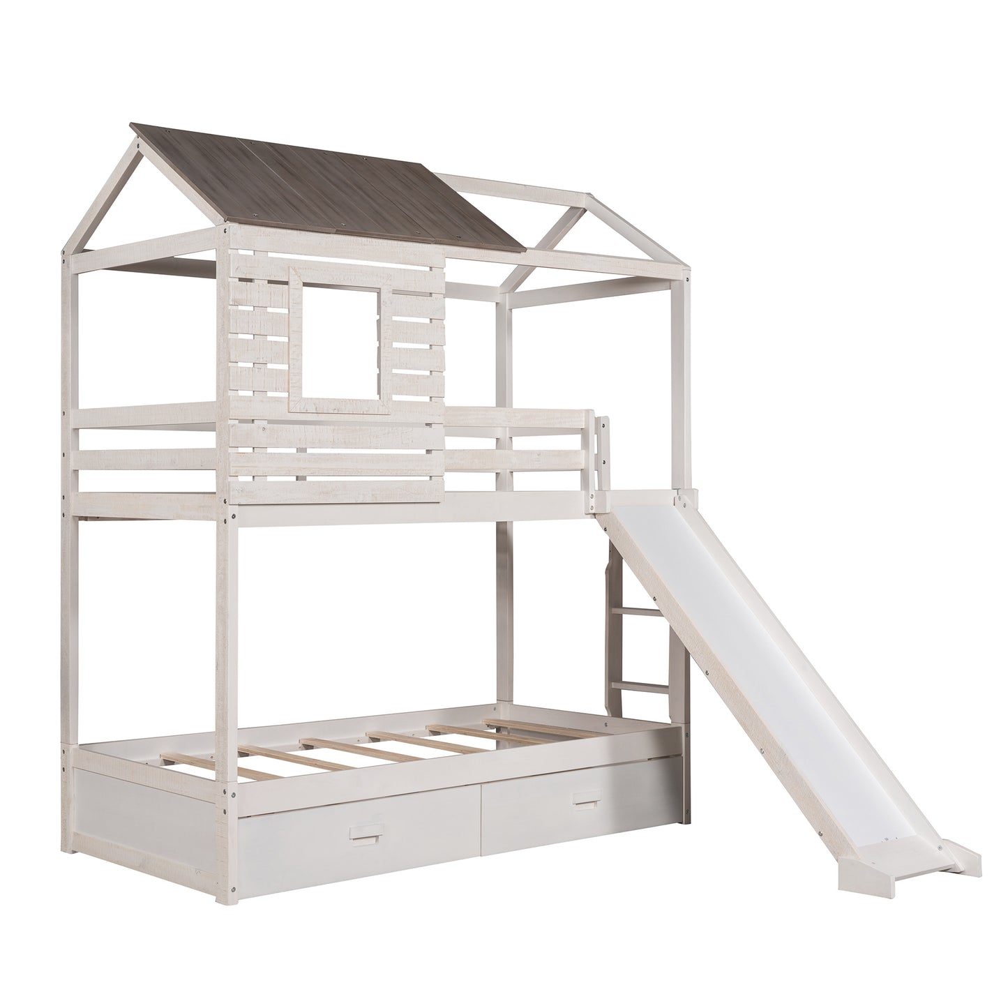 House-Shaped Twin Bunk Bed with Slide and Storage Drawers, Antique White