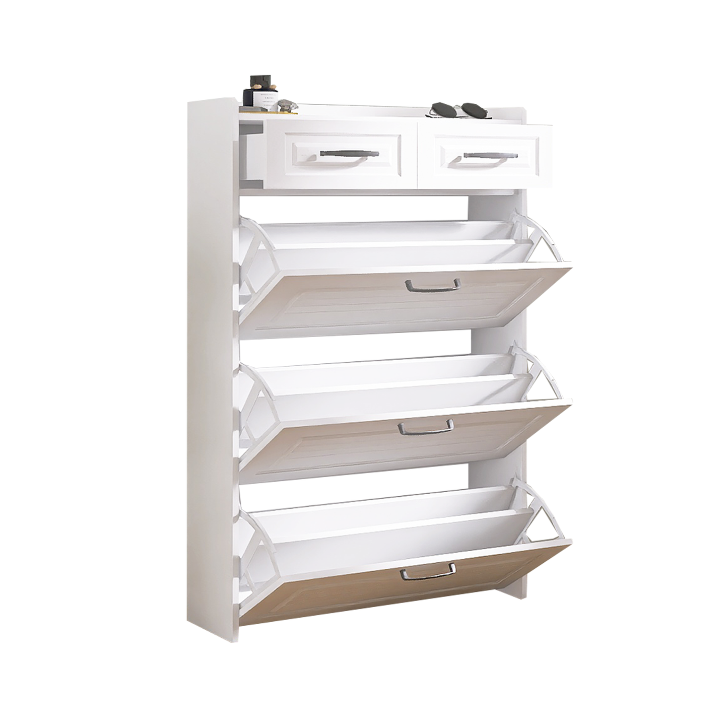 White color shoe cabinet  with 3 doors 2 drawers,PVC door with shape ,large space for storage