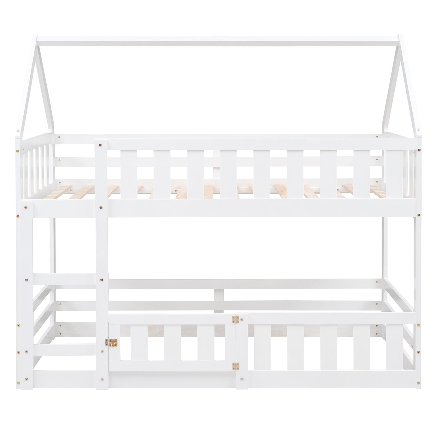 Enchanted White Twin over Twin House Bunk Bed with Playful Fence and Entryway