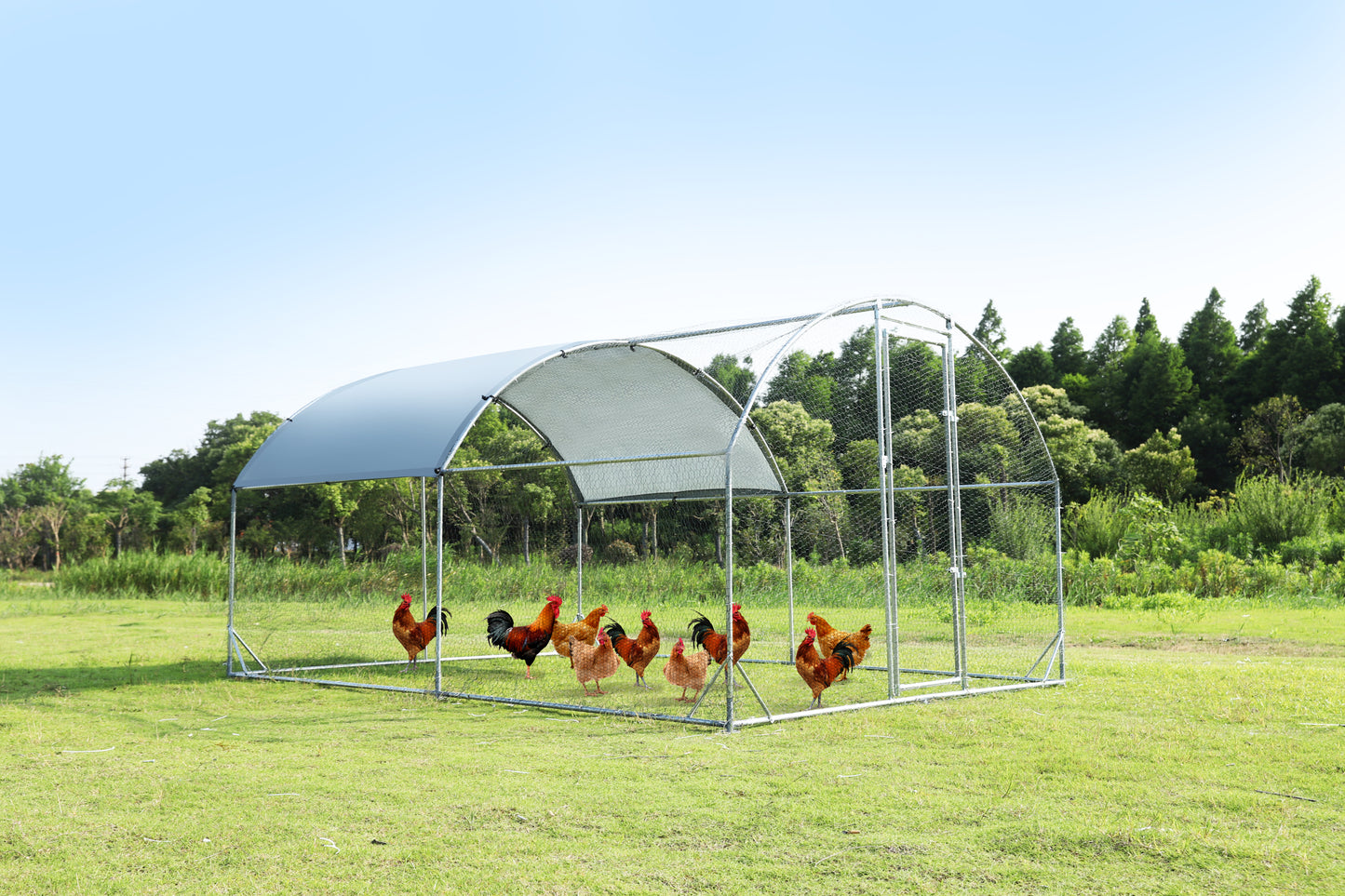 Large metal chicken coop upgrade three support steel wire impregnated plastic net cage, Oxford cloth silver plated waterproof UV protection, duck rabbit sheep bird outdoor house 9.2'W x 12.5'L x 6.5'H