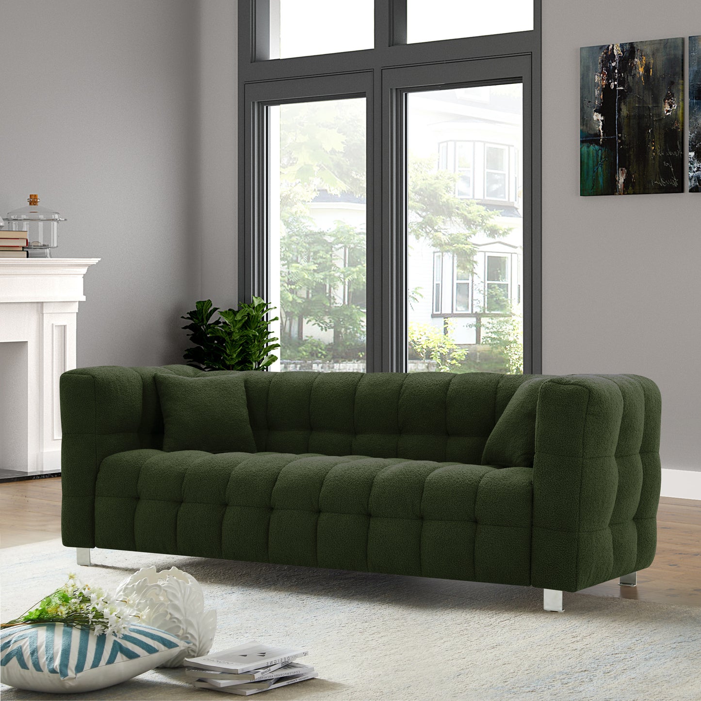 Green teddy fleece sofa 80 "discharge in living room bedroom with two throw pillows hardware foot support