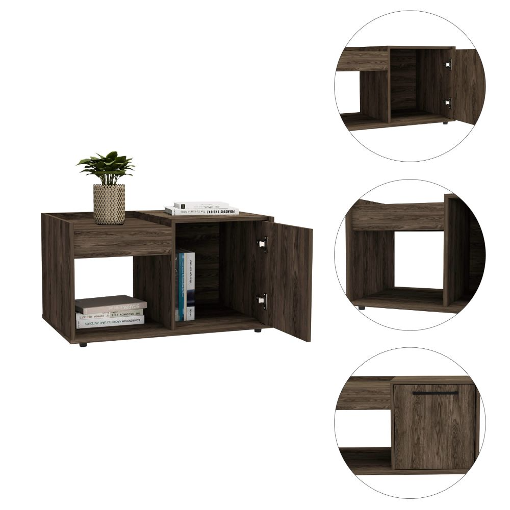 Lyon Dark Walnut Coffee Table with Storage Cabinet and Open Shelf