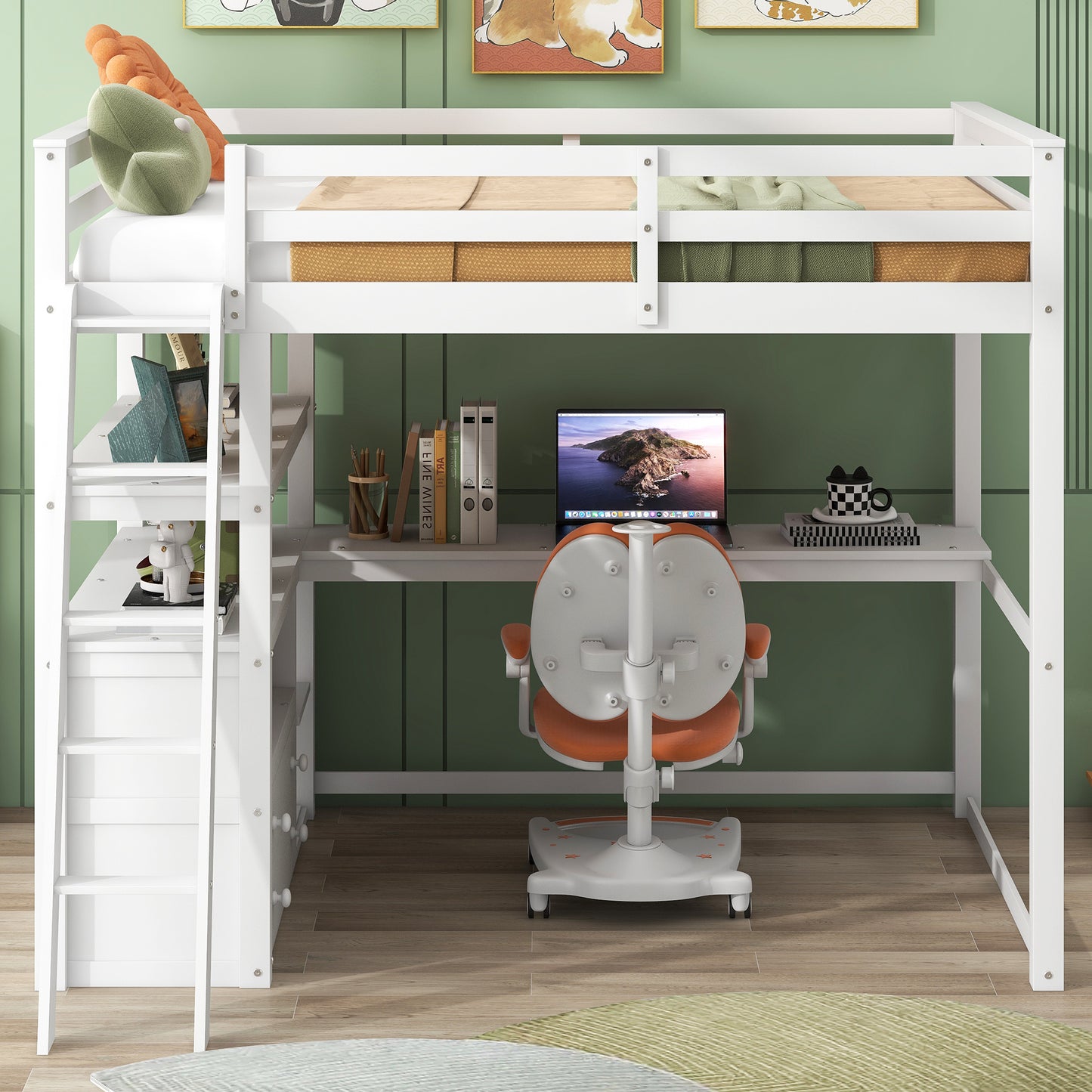 Full Size Loft Bed with Desk and Shelves,Two Built-in Drawers,White(: SM000416AAK)