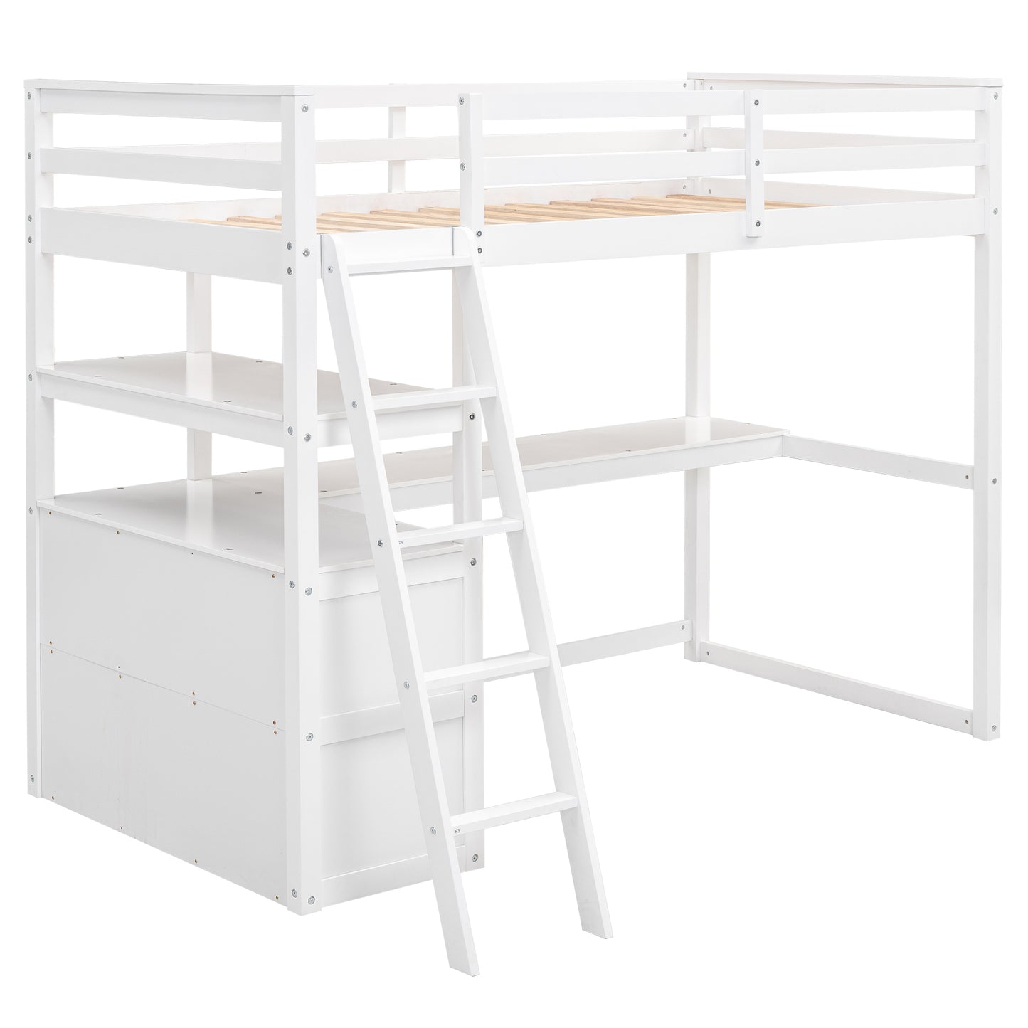 Twin Size Loft Bed with Desk and Shelves, Two Built-in Drawers, White(: GX000423AAK)