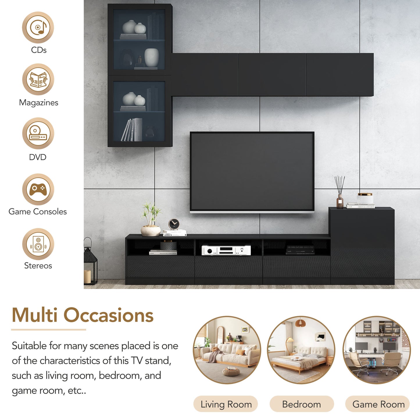 Modern Black High Gloss TV Stand with 9 Storage Cabinets