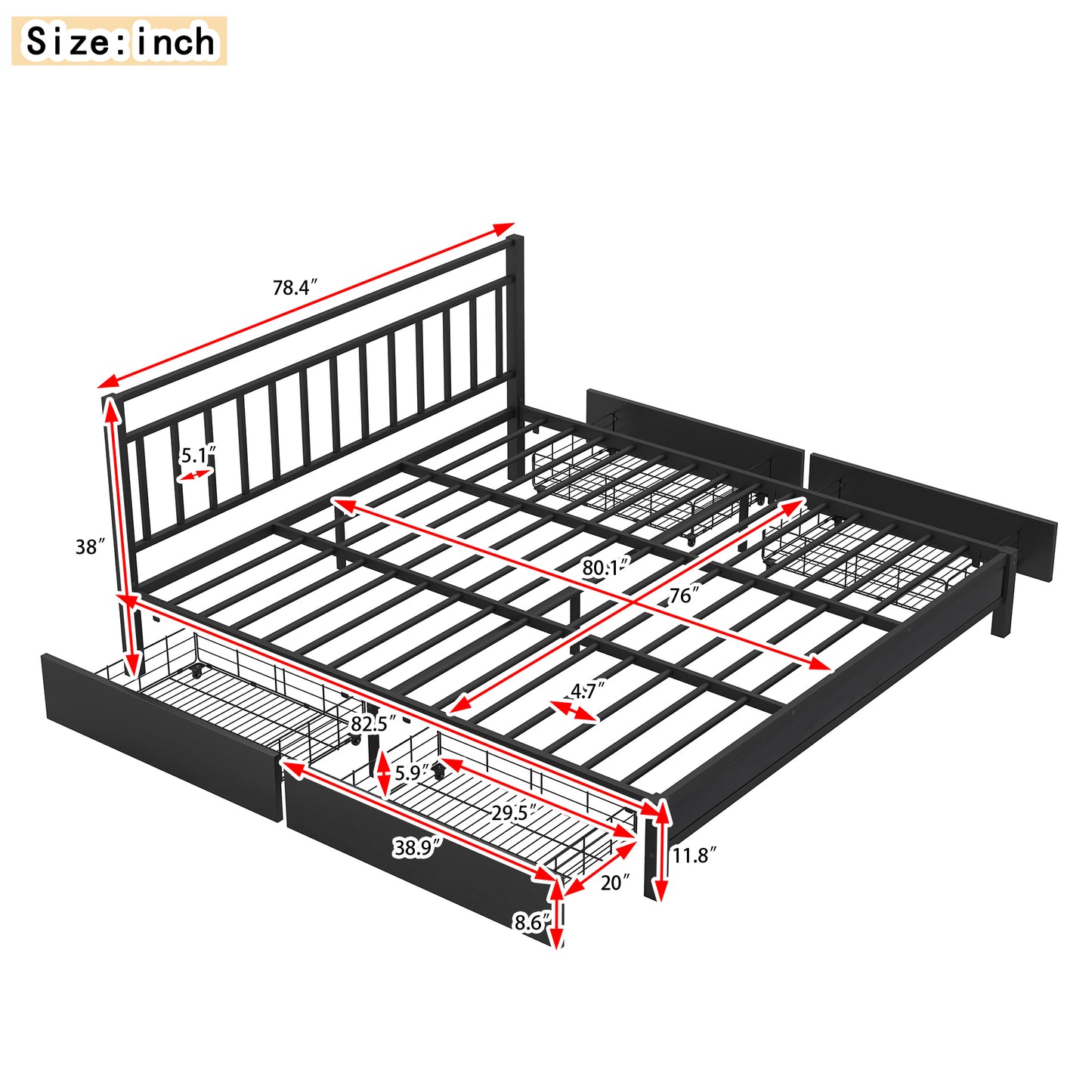 King Size Storage Platform Bed with 4 Drawers, Black