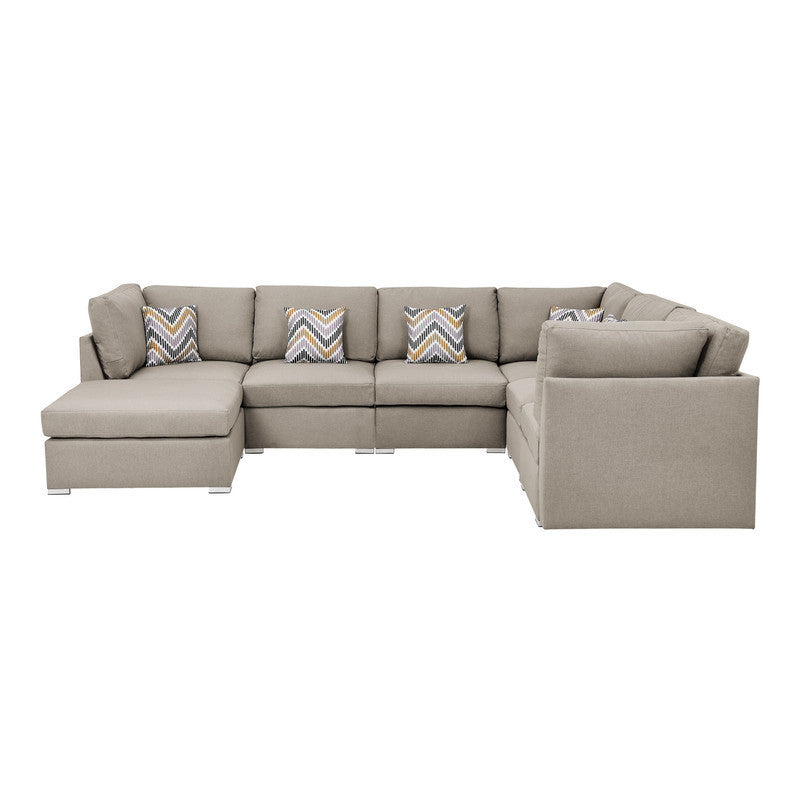 Amira Beige Fabric Modular Sectional Sofa Set with Ottoman and Accent Pillows