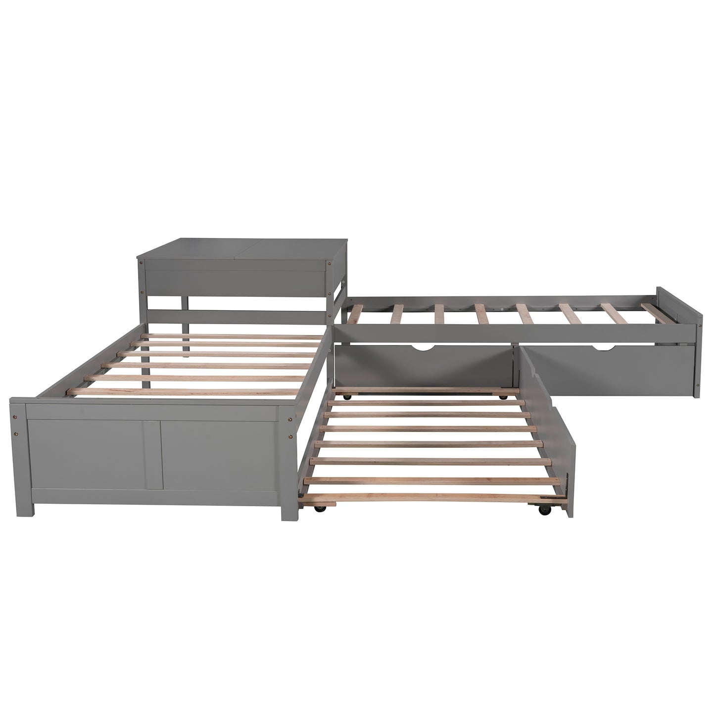 L-shaped Platform Bed with Trundle and Drawers Linked with built-in Desk,Twin,Gray