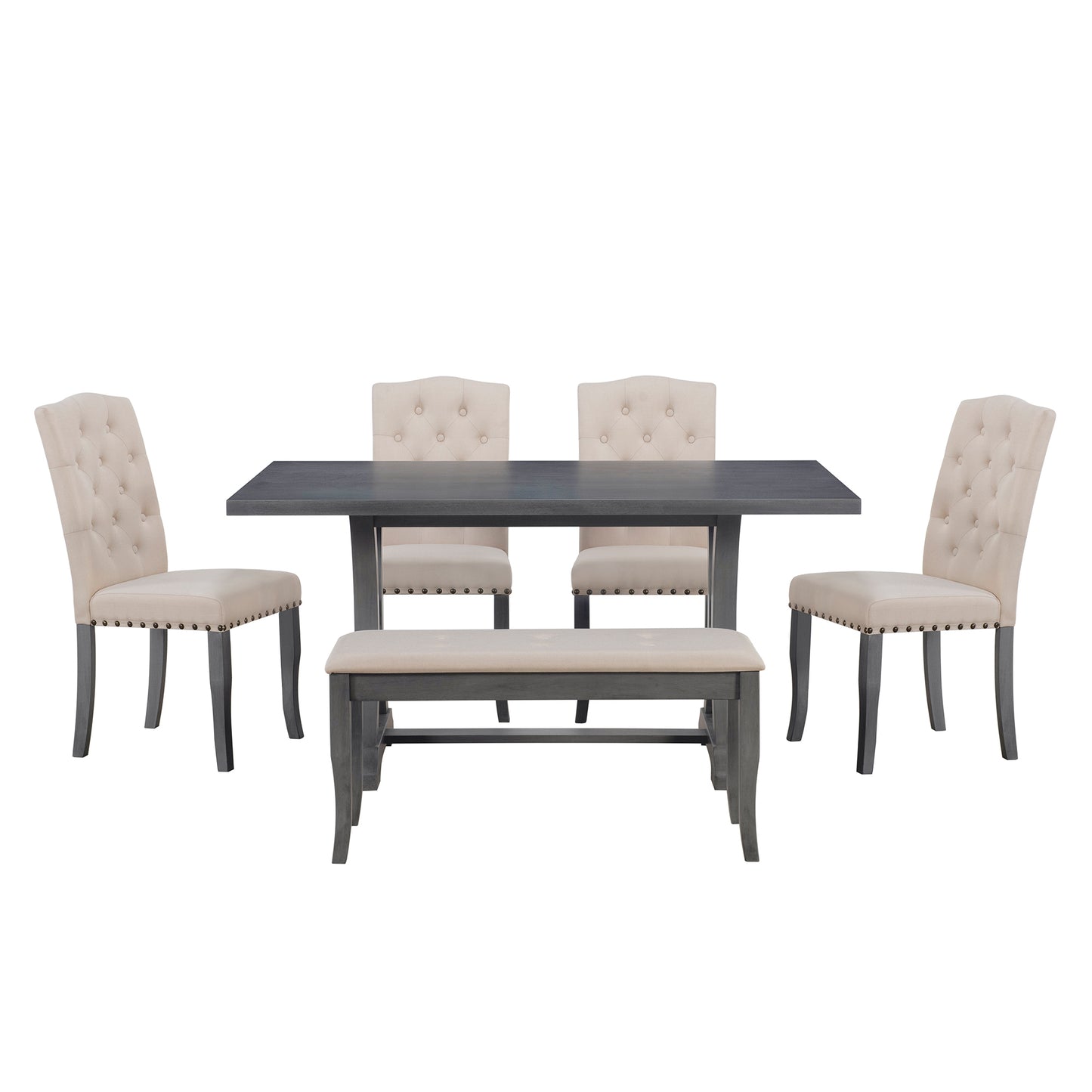 TREXM 6-Piece Farmhouse Dining Table Set, Rectangular Trestle Table and 4 Upholstered Chairs & Bench for Dining Room (Antique Gray)