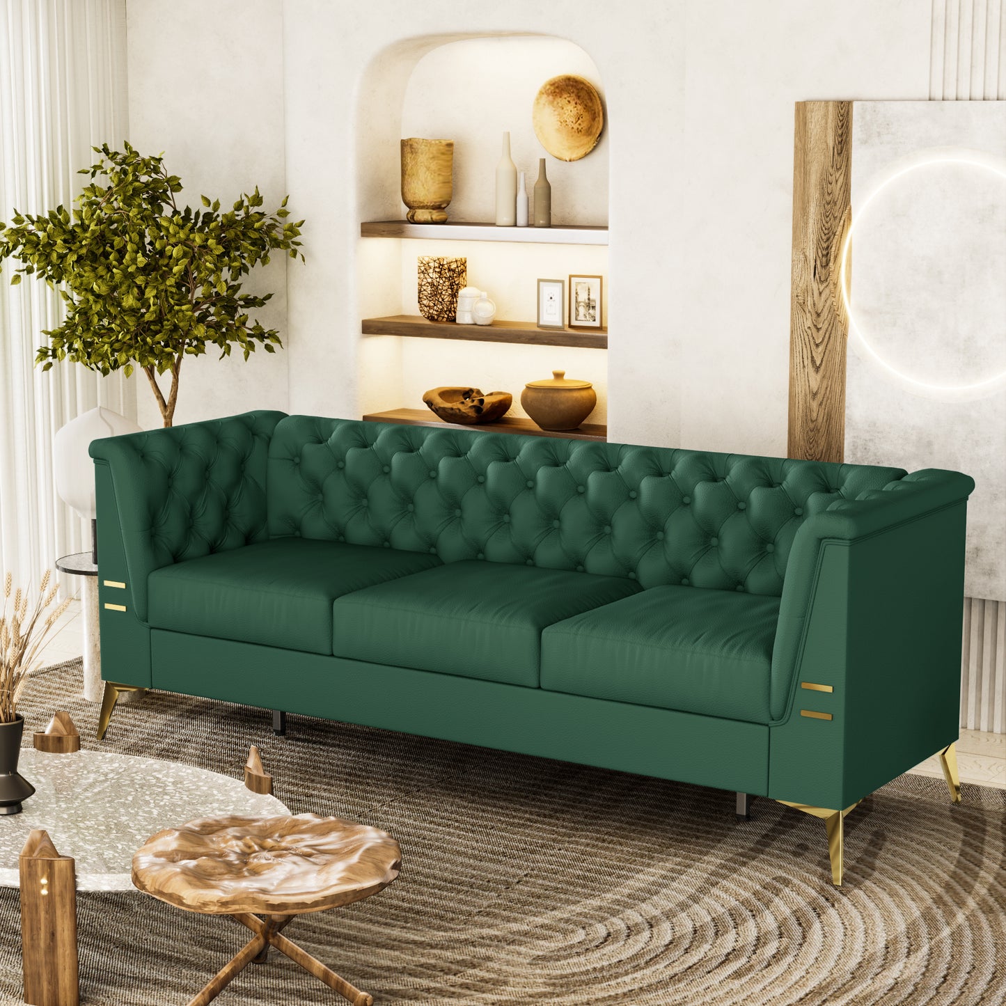 FX-P83PU-GR(sofa)3seat Classic Chesterfield PU Sofa with Metal Sofa Legs: Blending Style and Tradition