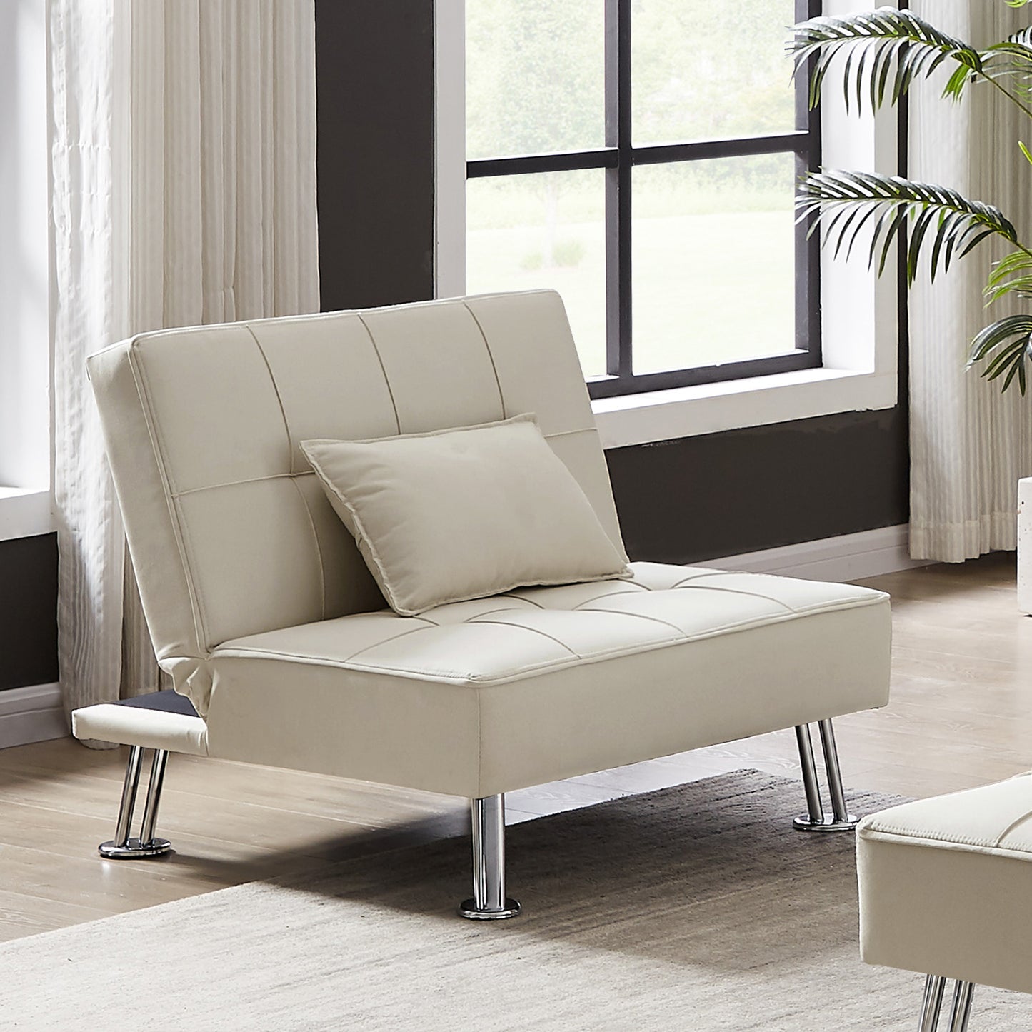 BEIGE  Fabric Single Sofa Bed with Ottoman , Convertible Folding Futon Chair, Lounge Chair Set with Metal Legs .