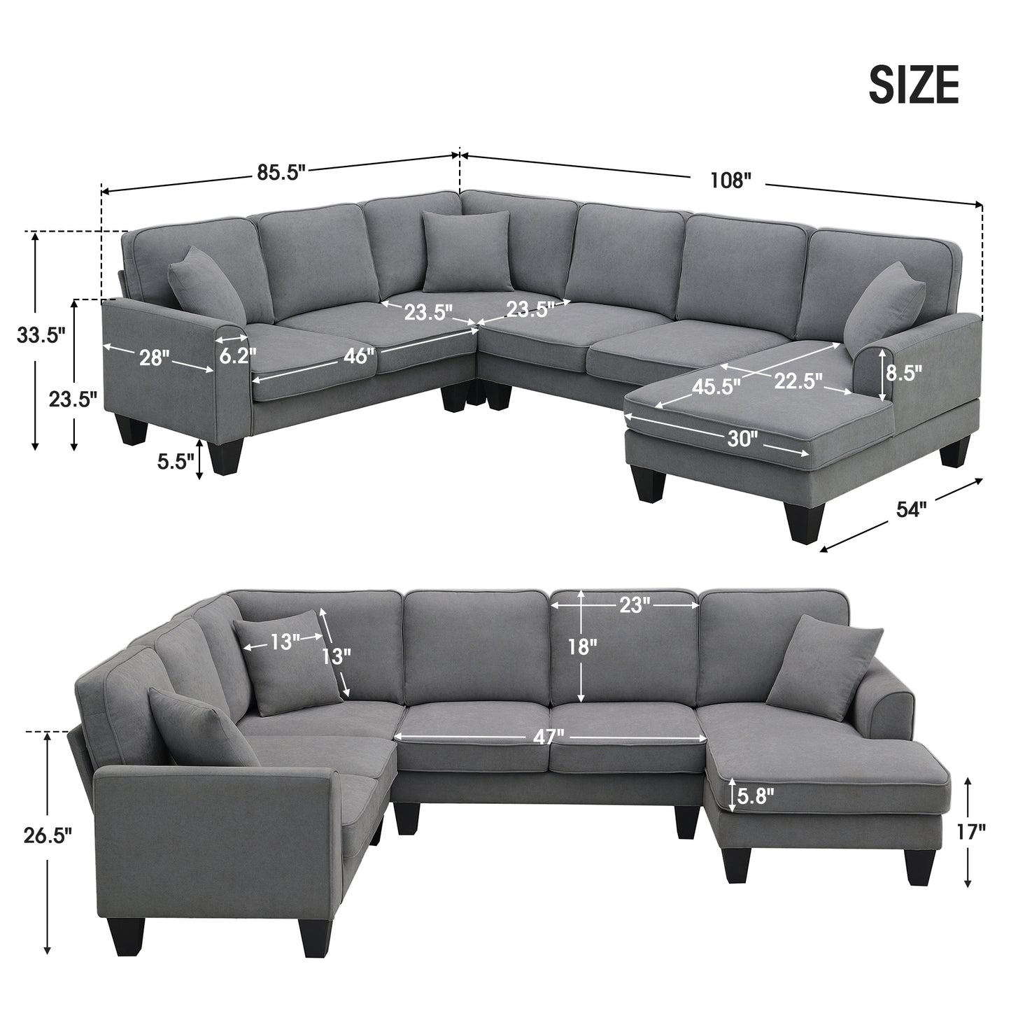 Modern U Shape Sectional Sofa Set with 3 Pillows, 7 Seat Fabric Sectional Sofa for Living Room, Apartment, Office