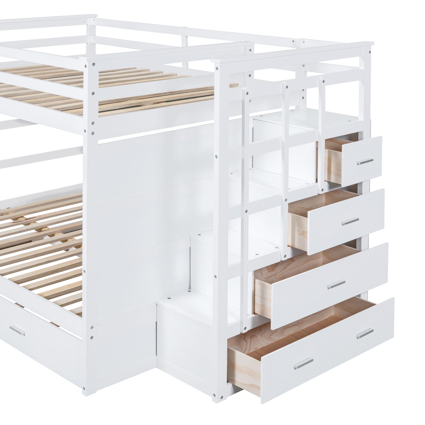 White Full-Over-Full Bunk Bed with Staircase and Trundle