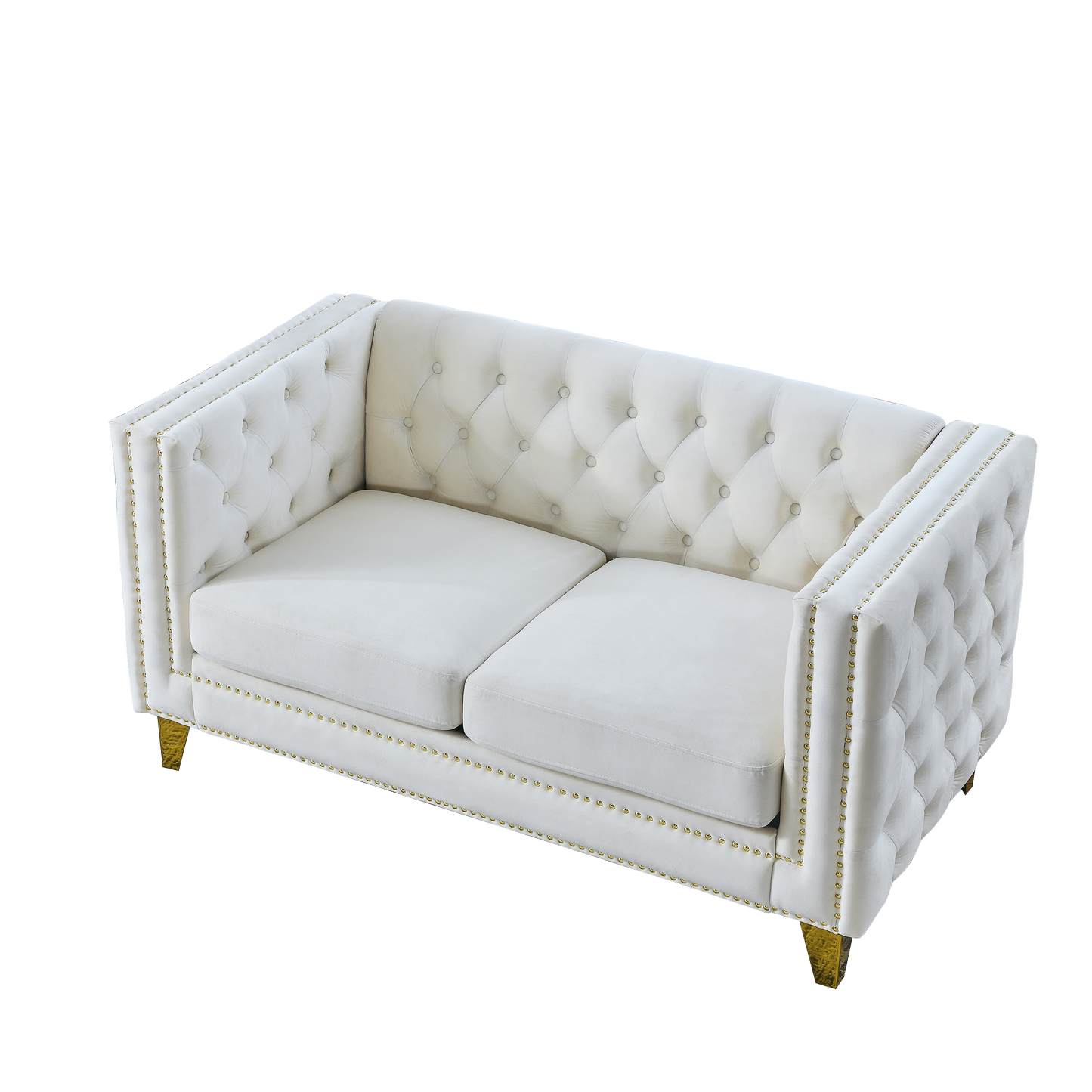 Velvet Sofa for Living Room,Buttons Tufted Square Arm Couch, Modern Couch Upholstered Button and Metal Legs, Sofa Couch for Bedroom, Beige Velvet-2S