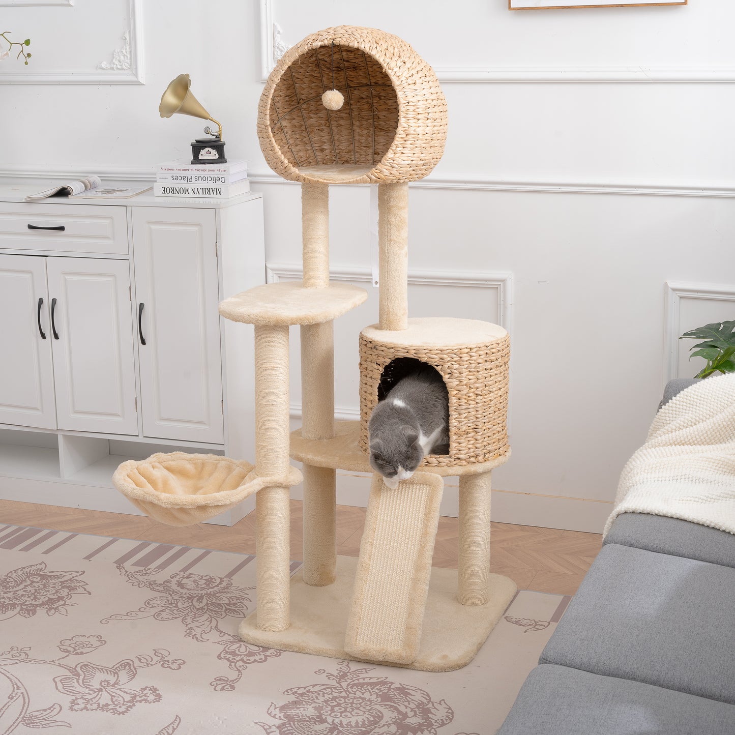 Cat Tree, 59-Inch Cat Tower for Indoor Cats, Plush Multi-Level Cat Condo with 2 Perches, 2 Caves, Cozy Basket and Scratching Board, Beige