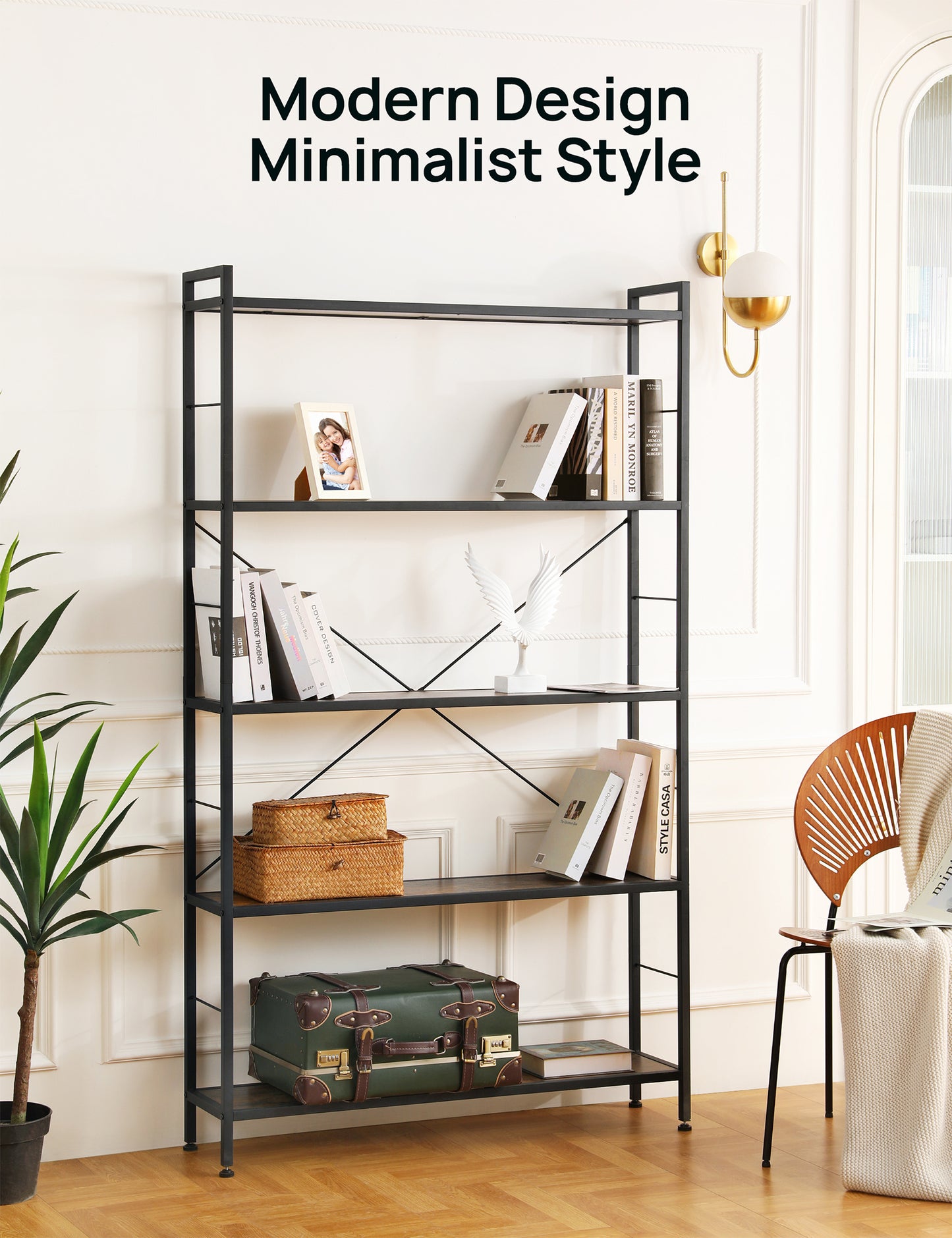 5 Tier Bookshelf, Modern Freestanding Tall Bookcase with Steel Frame, Industrial Wood Book Shelf