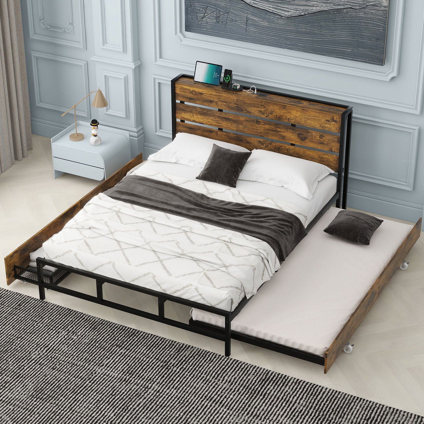 Metal Platform Bed With Drawers and trundle, Sockets and USB Ports, Queen,Black