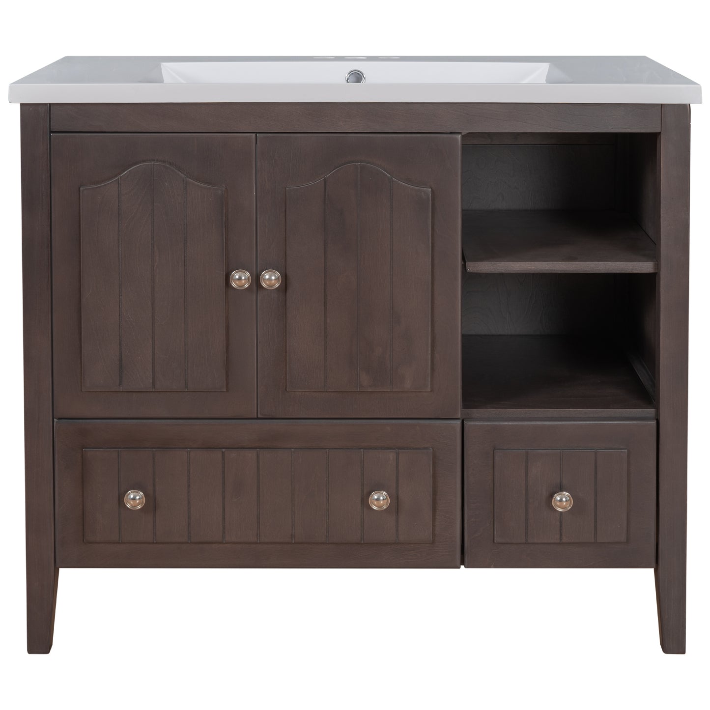 36" Bathroom Vanity with Ceramic Basin, Bathroom Storage Cabinet with Two Doors and Drawers, Solid Frame, Metal Handles, Brown