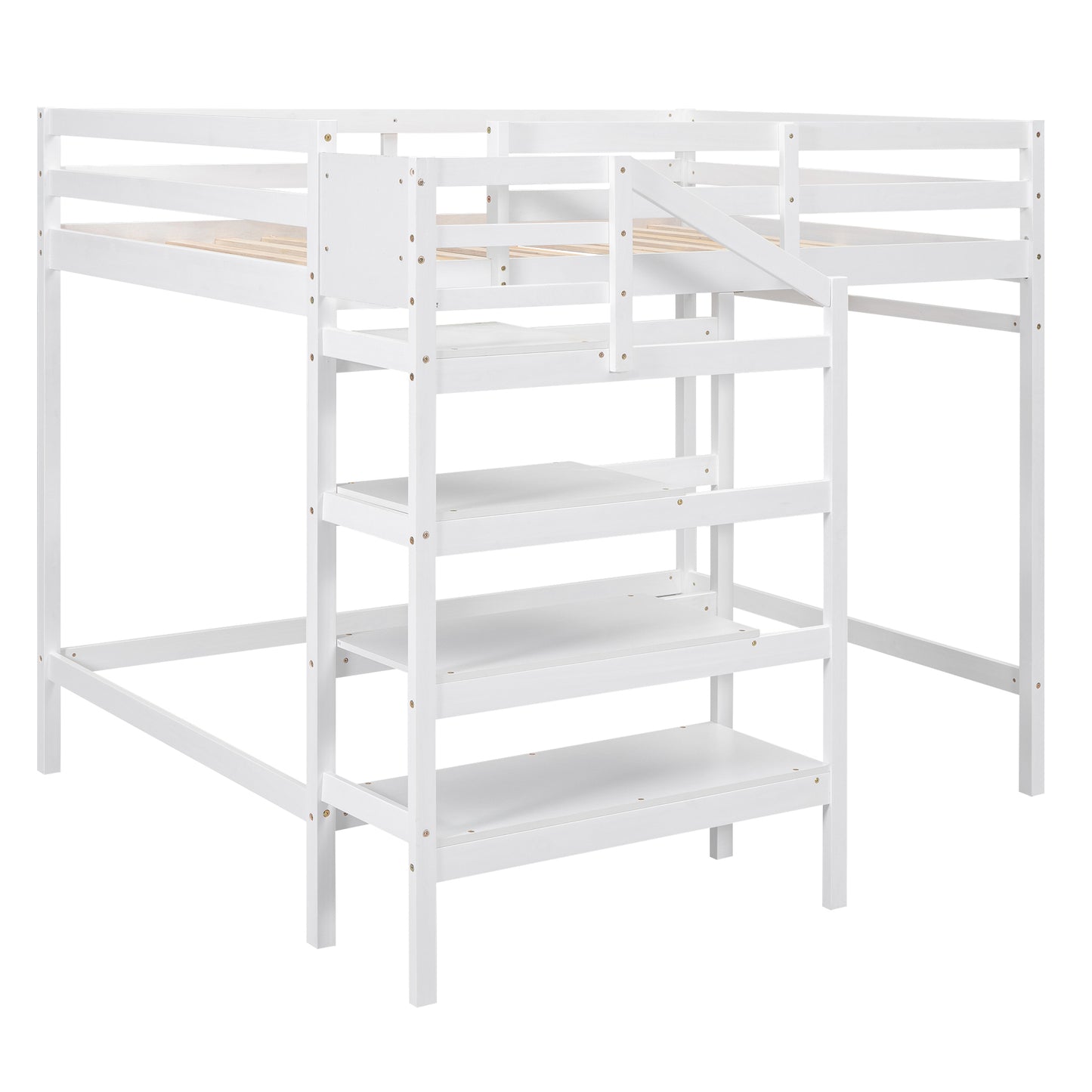 Full Size Loft Bed with Built-in Storage Staircase and Hanger for Clothes, White