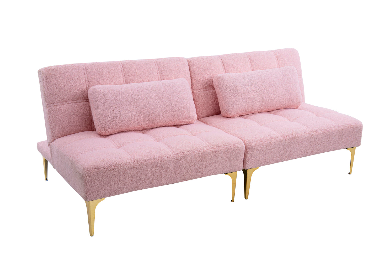 Convertible Pink Teddy Fabric Sofa Bed with Gold Metal Legs