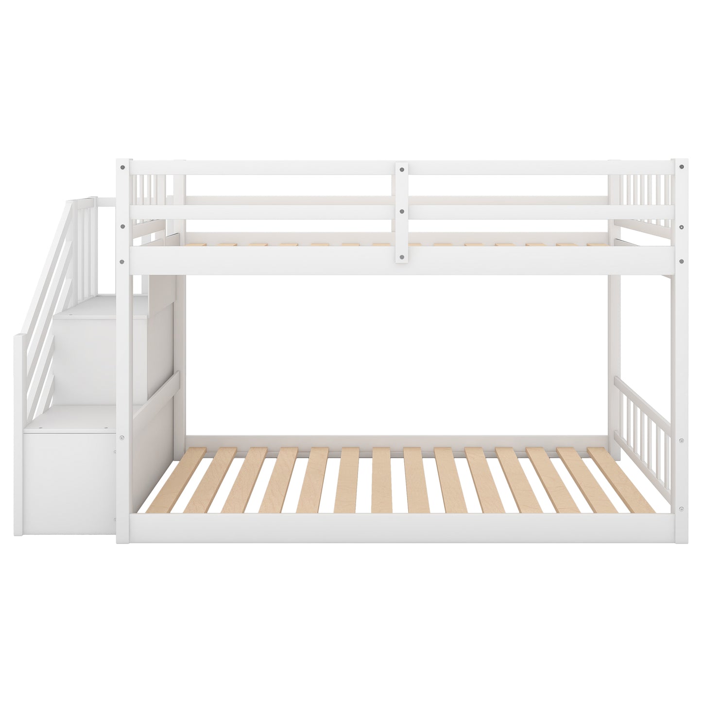 White Twin Floor Bunk Bed with Ladder and Storage