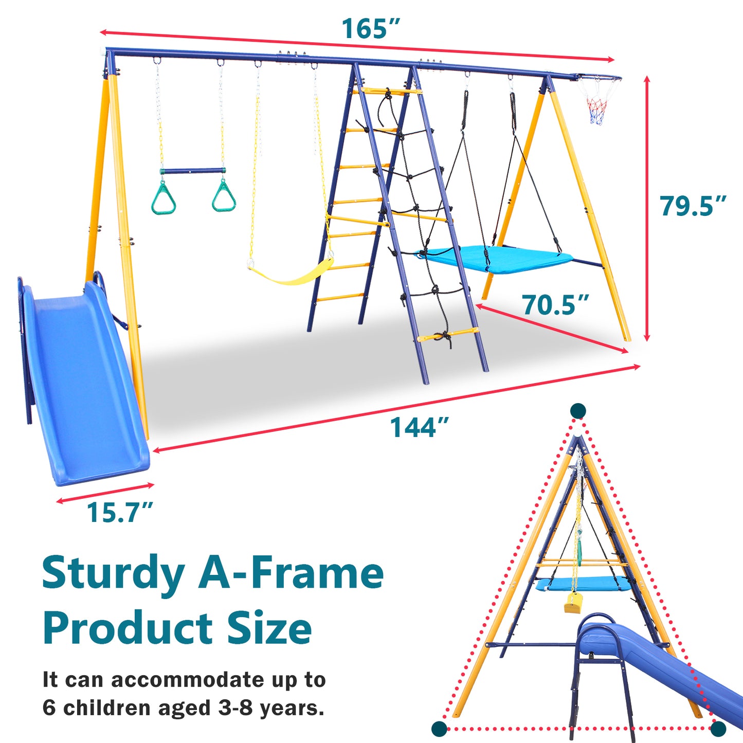 Outdoor 7 in 1 Heavy-Duty Metal Swing Set for Kids - A-Frame with Slide, 2 Swing Seats, Climbing Net, Ladder, Gym Ring, Basket