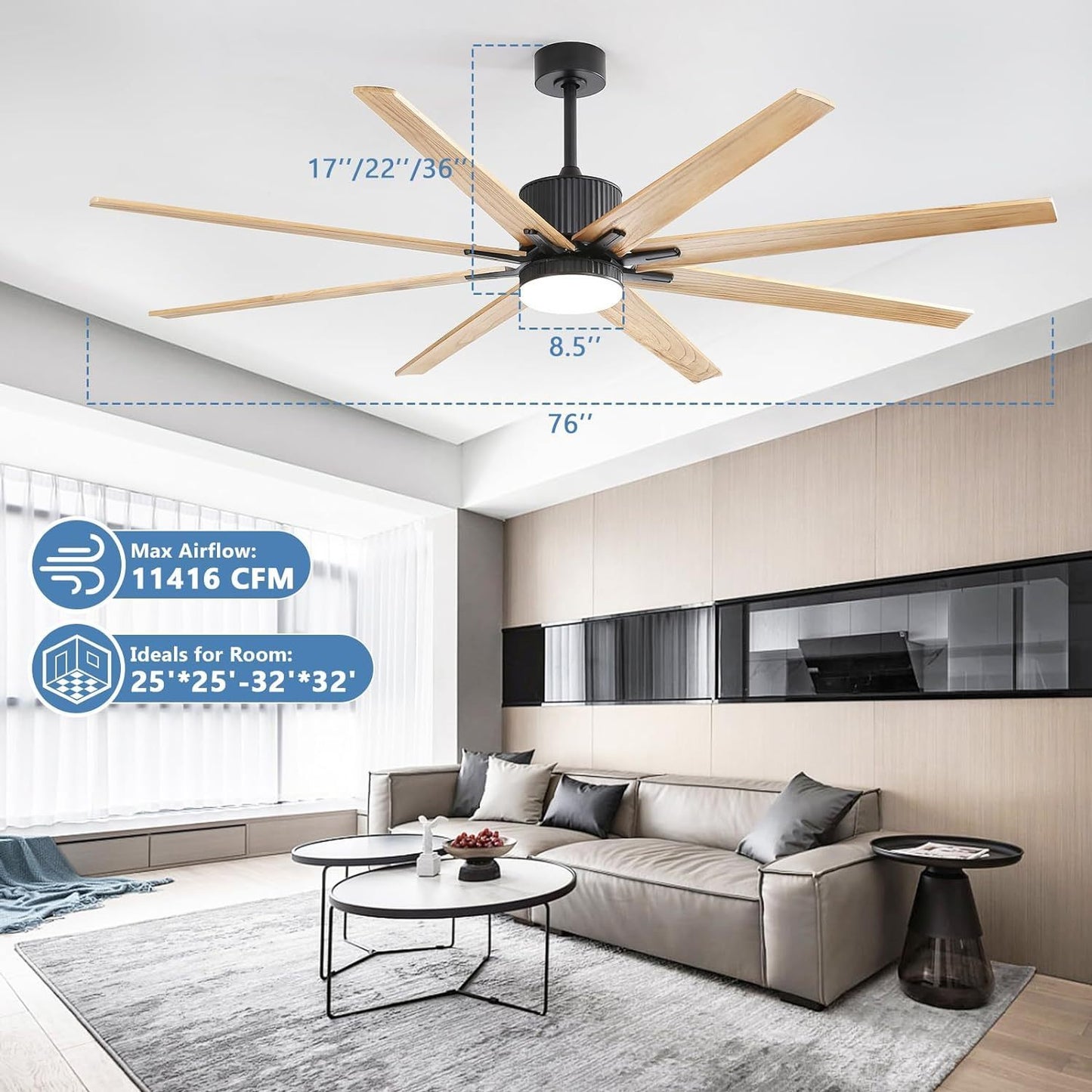 76-Inch Modern Ceiling Fan with Smart Control and Reversible Solid Wood Blades