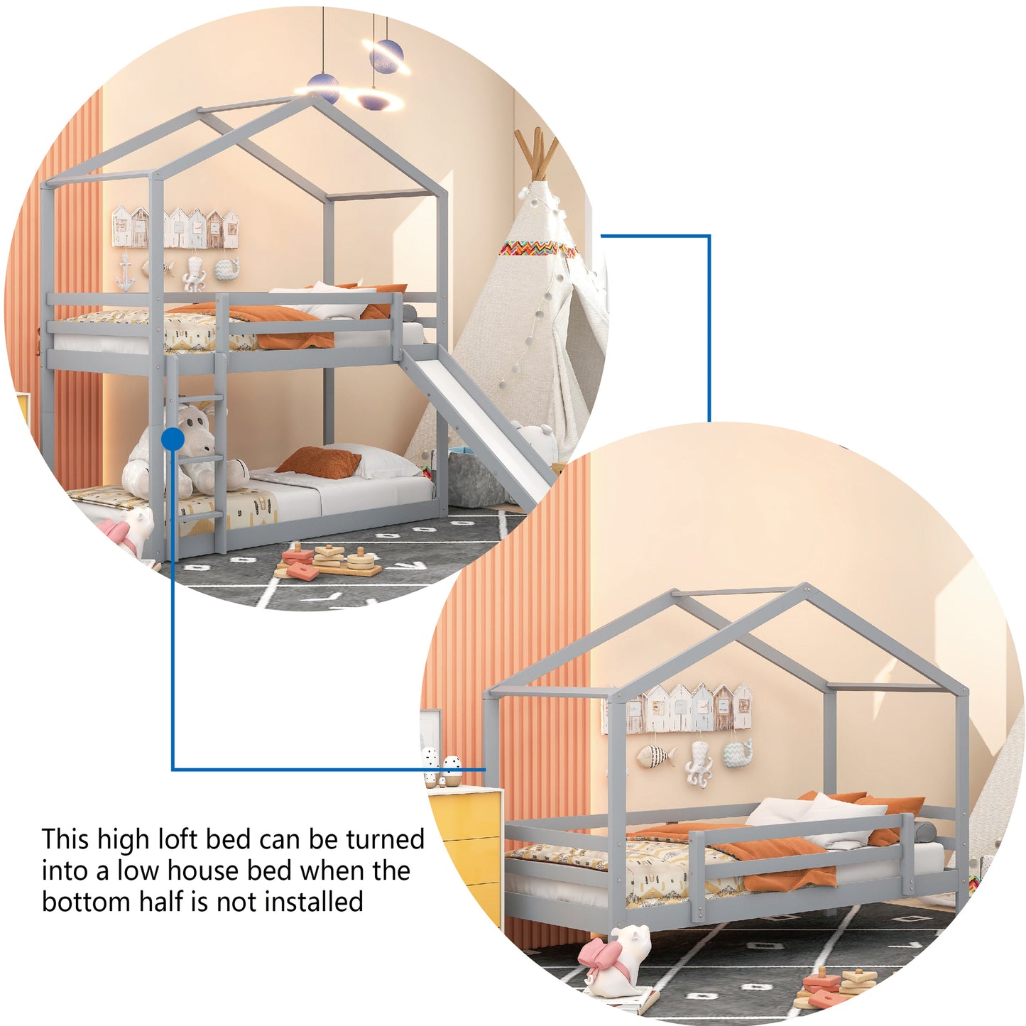 House-Themed Twin Bunk Bed with Slide, Roof, and Ladder for Kids