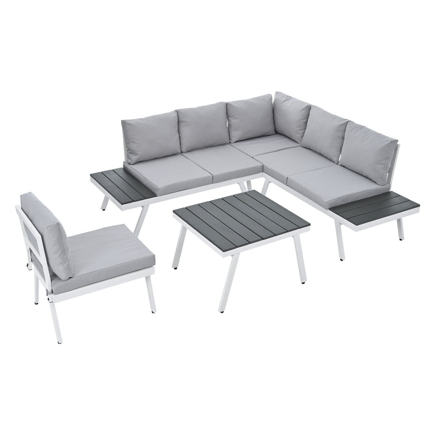 Aluminum Outdoor Patio Furniture Set with End Tables and Coffee Table, White and Grey Sectional Sofa Set