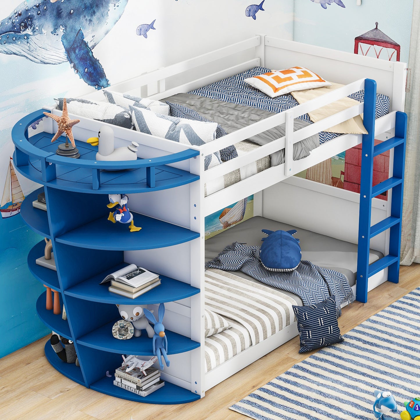 White and Blue Boat-Inspired Twin over Twin Bunk Bed with Storage Shelves