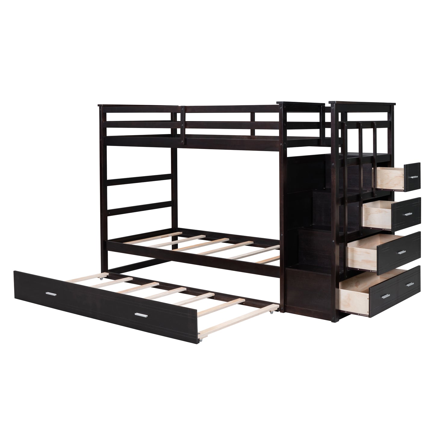 Chic Espresso Twin Bunk Bed with Trundle and Staircase