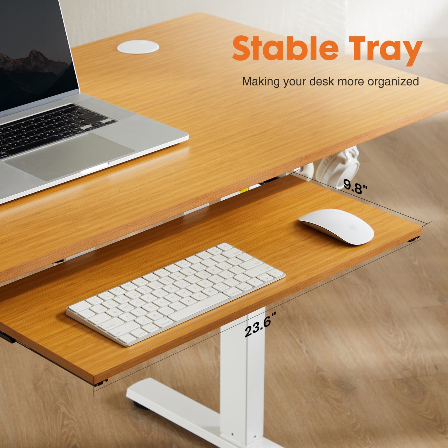 Electric Height-Adjustable Desk with Keyboard Tray, 48 x 24 Inches, Natural Wood Finish