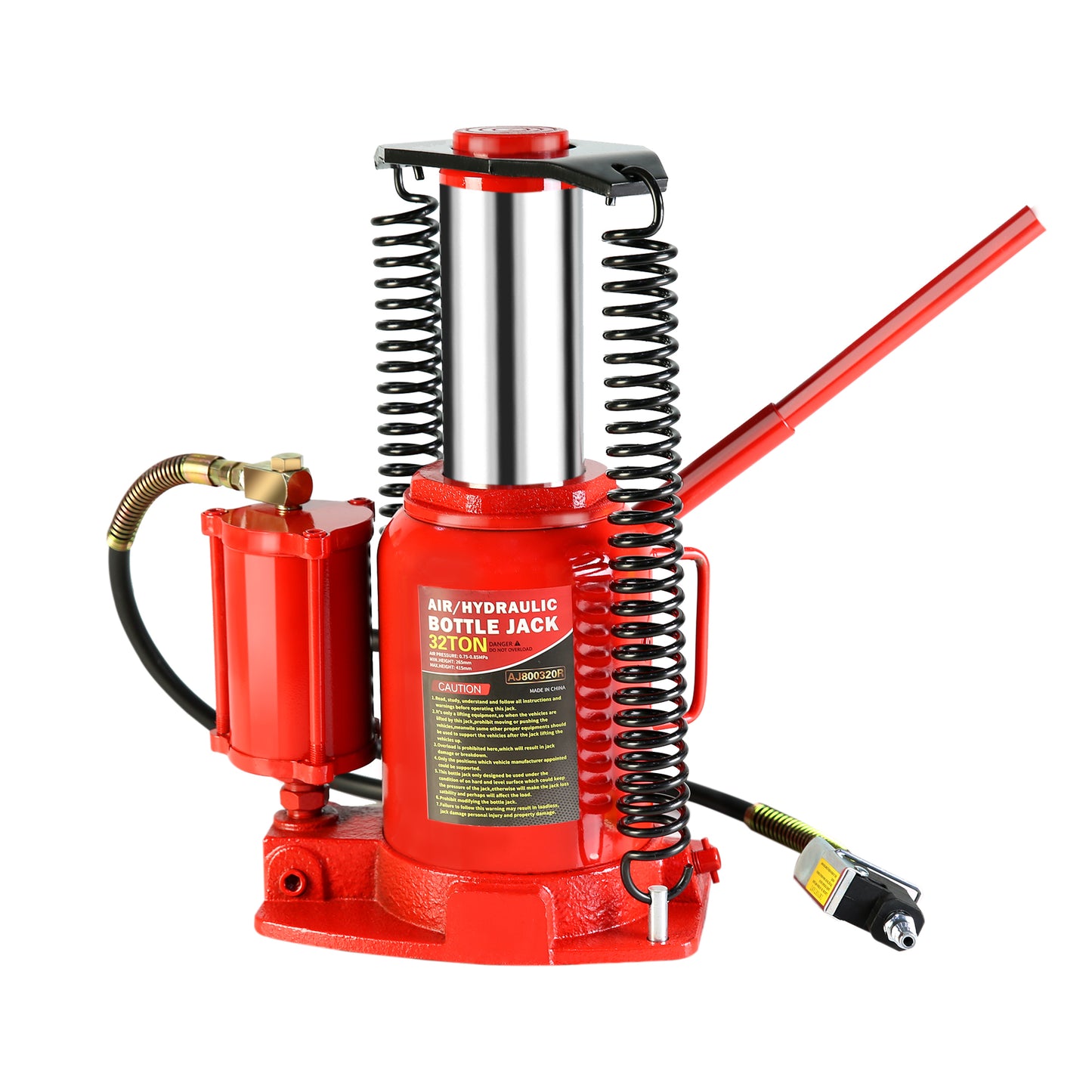 32-Ton Hydraulic Air/Manual Bottle Jack with Retractable Springs and Sturdy Saddle