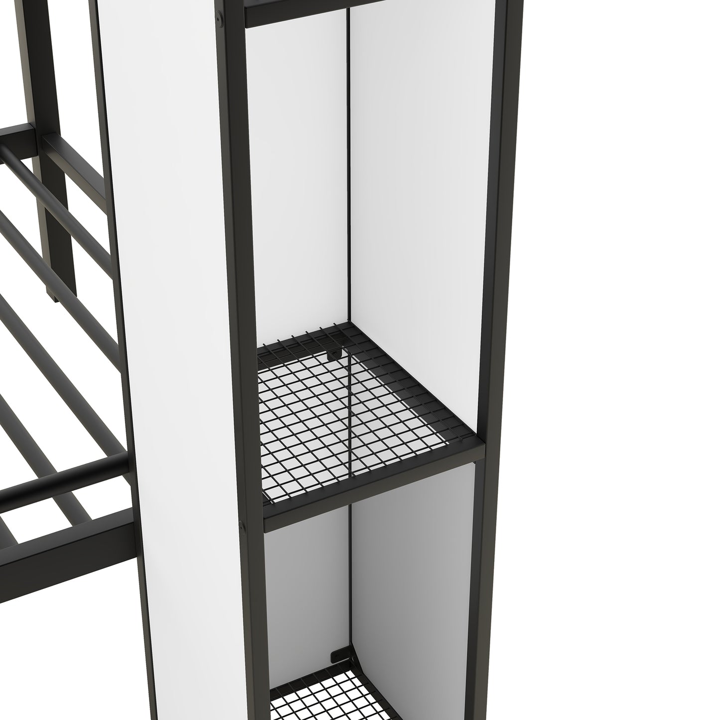 Castle-themed Metal Twin Bunk Bed with Wardrobe and Storage in Black and White Color Palette