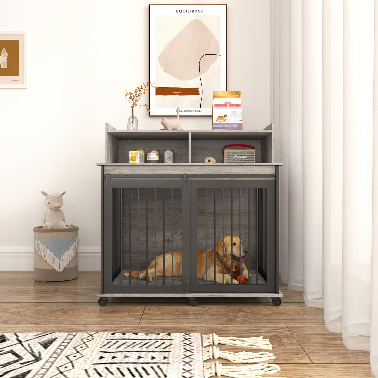 Furniture type dog cage iron frame door with cabinet, top can be opened and closed. Grey, 43.7'' W  x 29.9'' D  x 42.2'' H