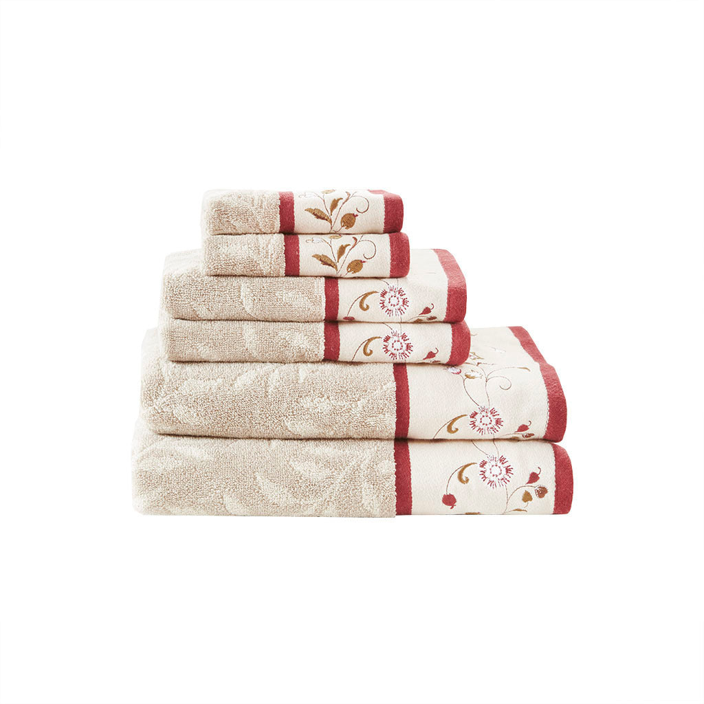 Embroidered Leaf Pattern 6-Piece Cotton Towel Bundle