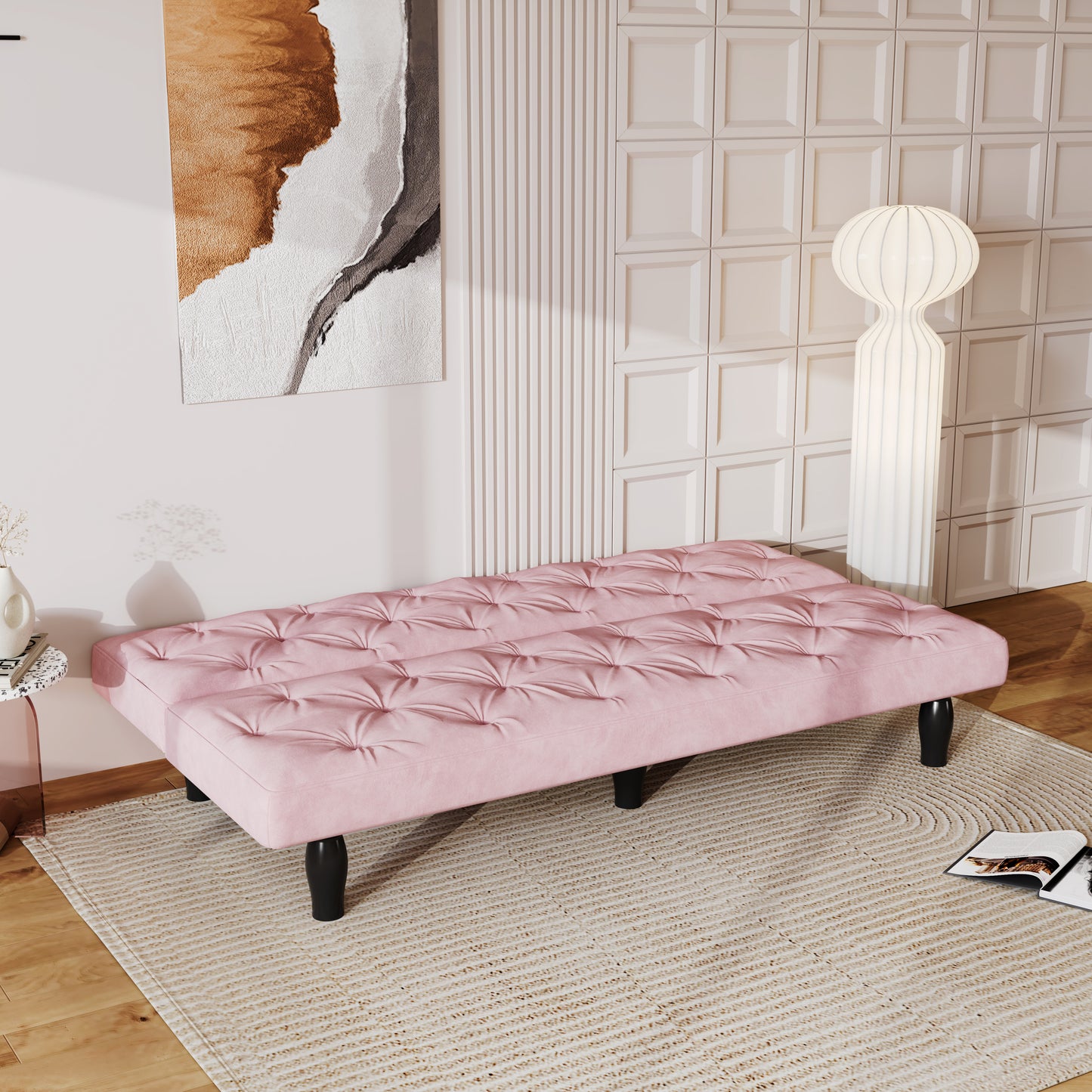 Convertible Pink Velvet Sofa Bed with Tufted Back and Adjustable Positions